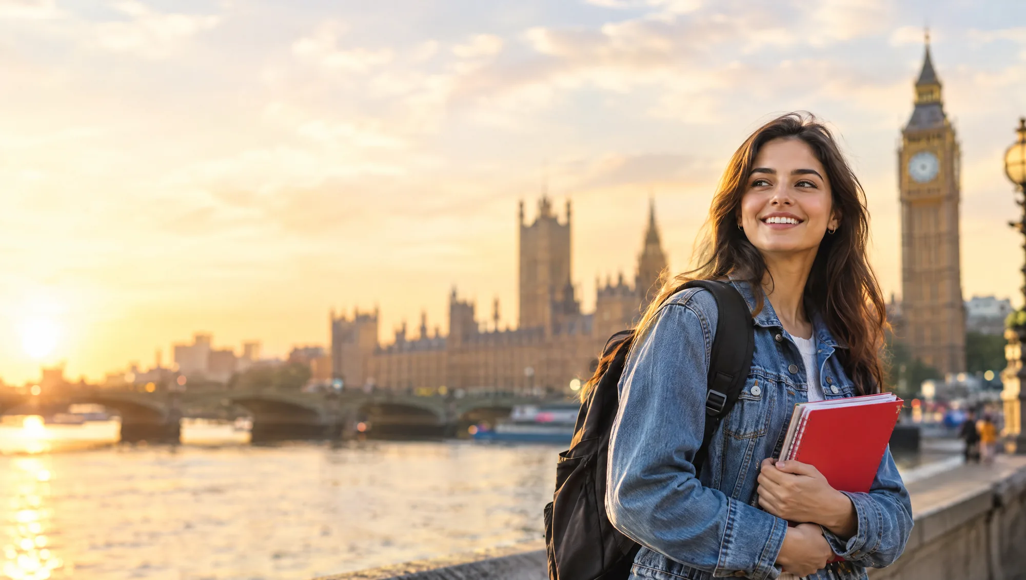 Studentessa universitaria sorridente davanti al Big Ben a Londra